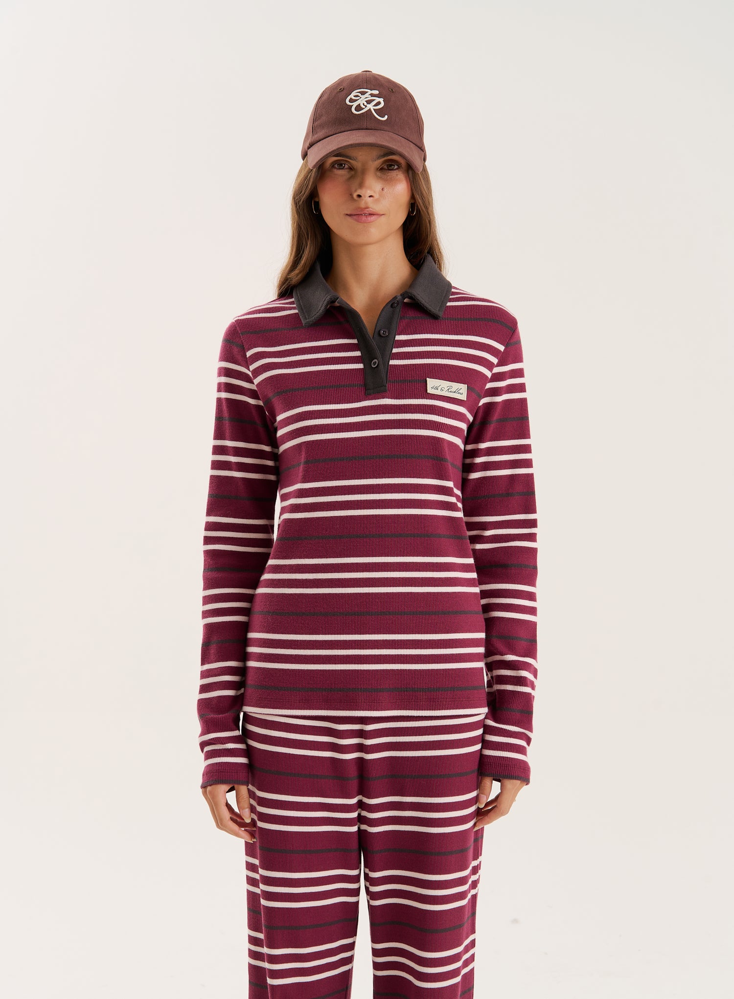 Burgundy Striped Fine Ribbed Jersey Longsleeve Top